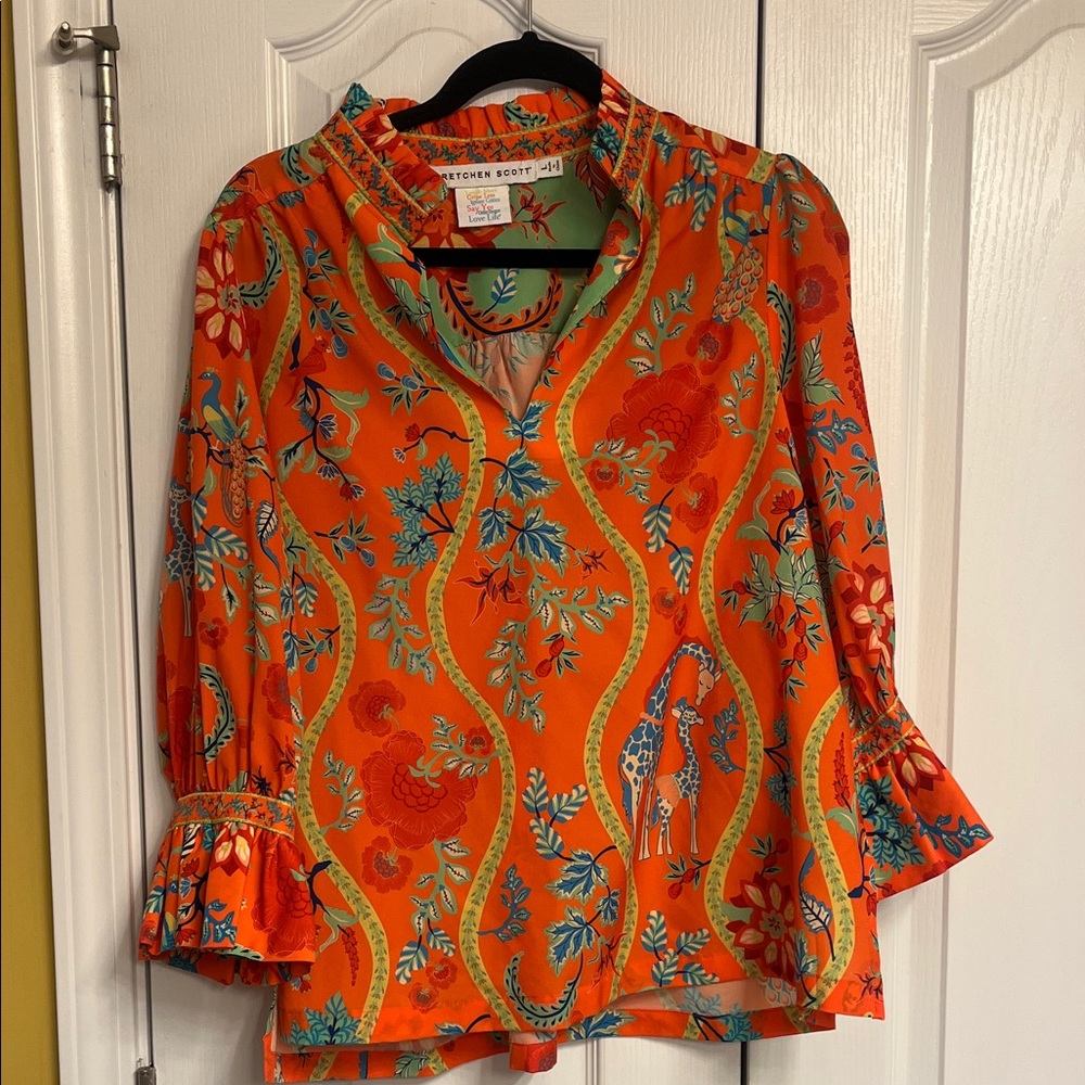 Gretchen Scott Designs Orange Floral V-Neck Ruffle Blouse